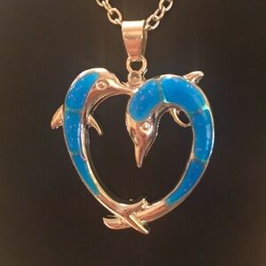 Blue Opal Dolphin Making A Heart In Love Pendant Necklace